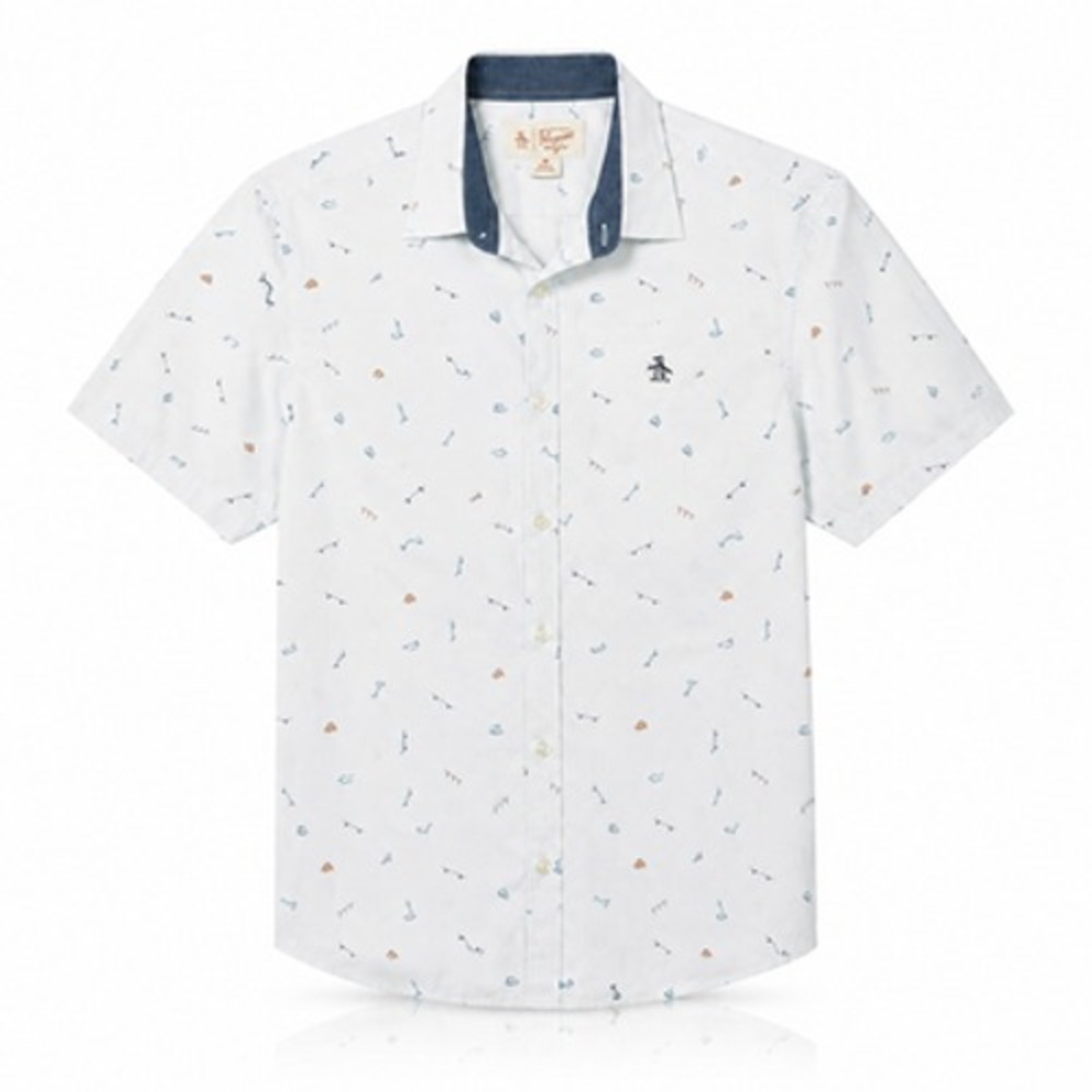 Original Penguin Mens M White Graphic Heritage Slim Short Sleeve Button Up